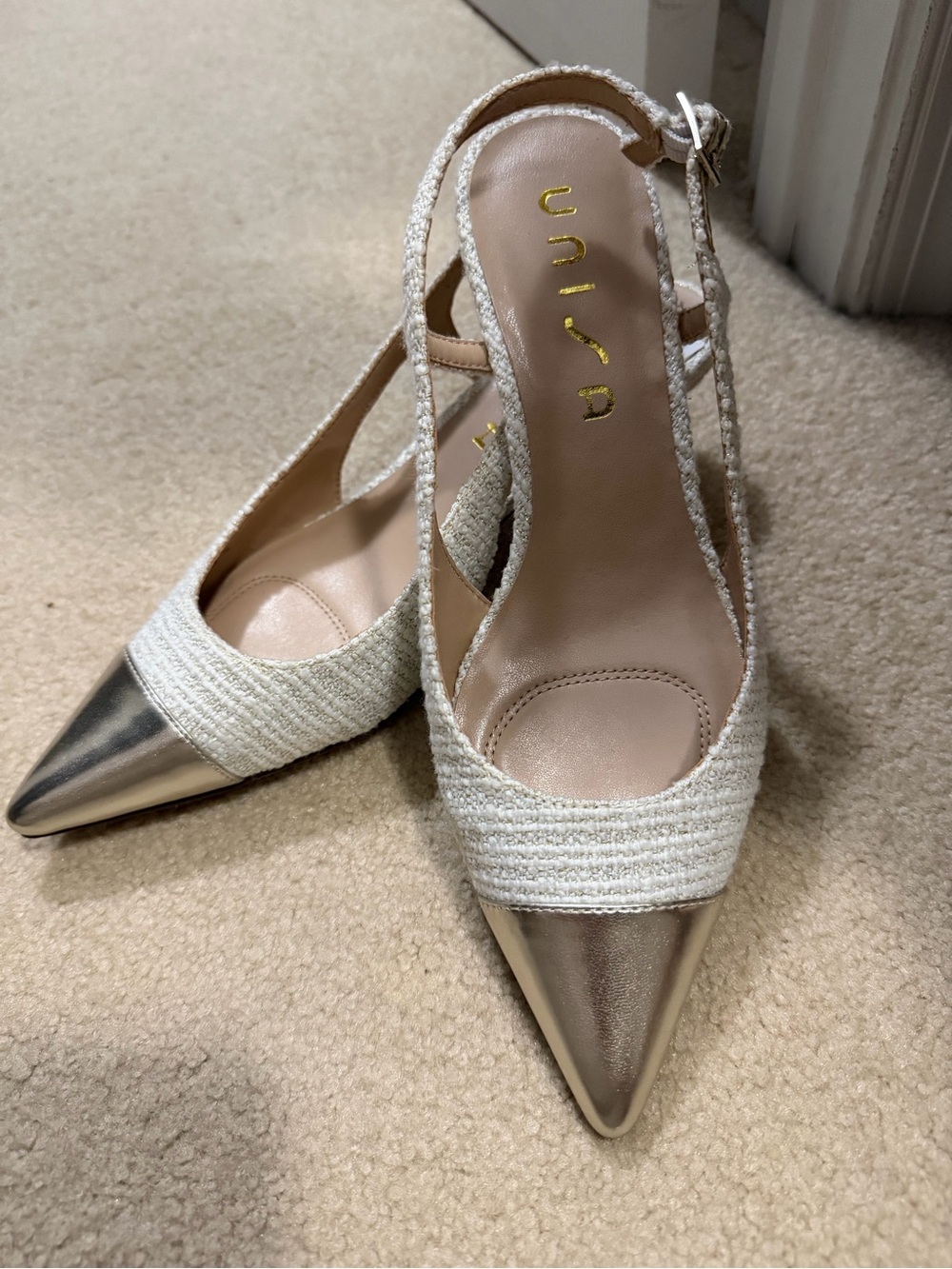Unisa Ivory Woven Metallic Cap Toe Slingback Kitten Heel Pumps Size 8